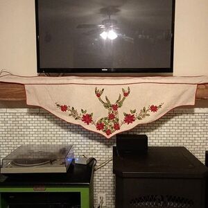 PIer One Christmas Mantle Scarf Reindeer Poinsettia Beaded Drape Runner